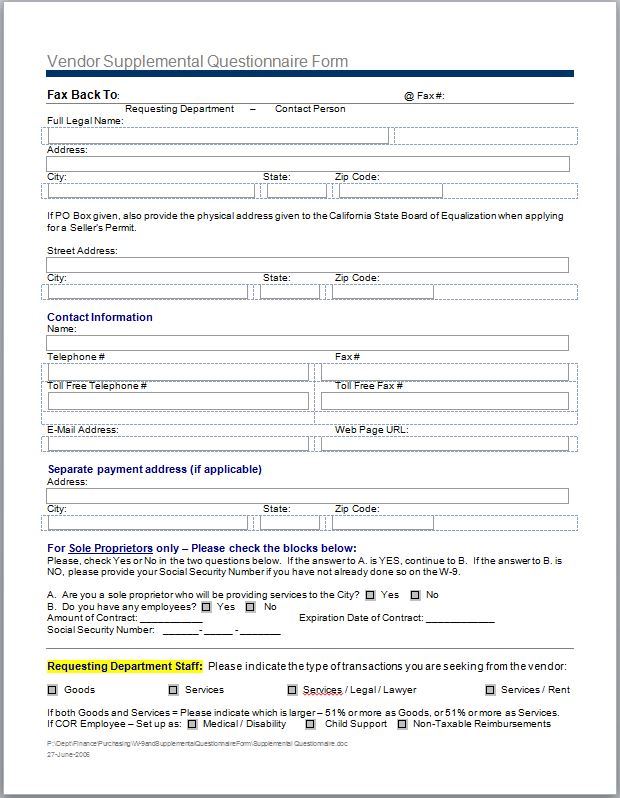 Vendor Supplemental Questionnaire Form