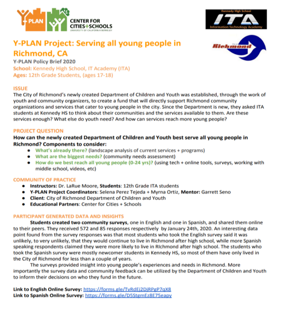 Link to Y-Plan policy brief document for Kennedy High School.