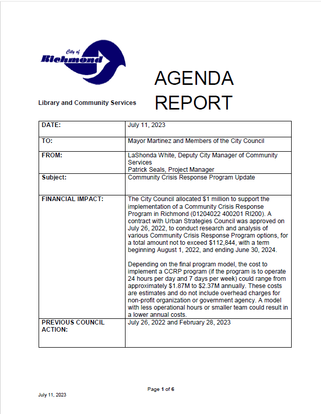 Community Crisis Response - Staff Report for City Council July 11, 2023